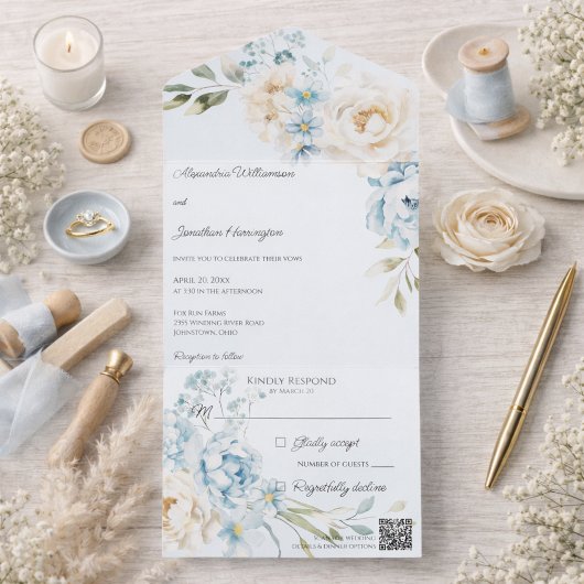 Invitation Tout En Un Elegant Soft Blue on Blue Floral Wedding