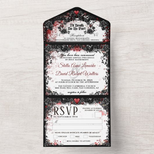 Invitation Tout En Un Elégant Splter de sang Halloween Mariage RSVP MENU (À l'intérieur)
