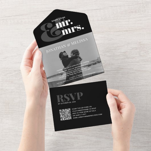 Invitation Tout En Un Élégant superposition script photo QR code Mariage (Déchirure)
