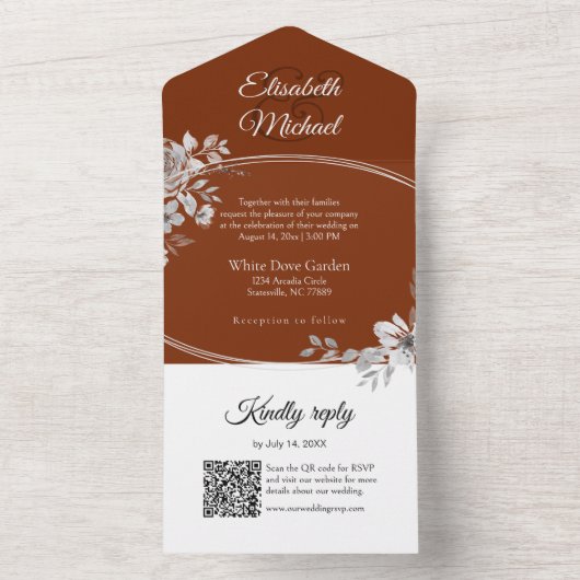 Invitation Tout En Un Élégant Terracotta QR Code Monogramme Mariage RSVP (À l'intérieur)