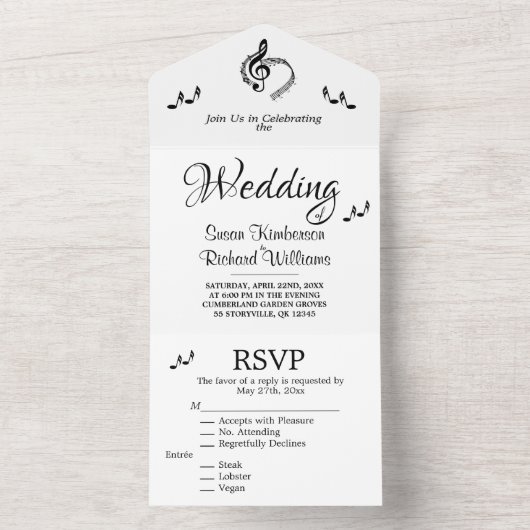 Invitation Tout En Un Elégant thème Mariage de musique avec RSVP All In  (À l'intérieur)