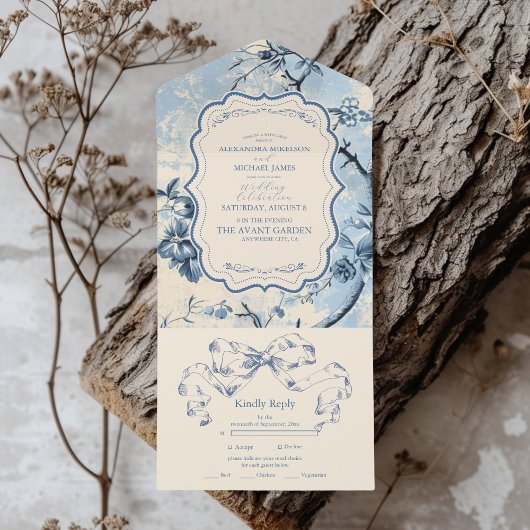 Invitation Tout En Un Elégant Toile Bleue De Jouy Mariage