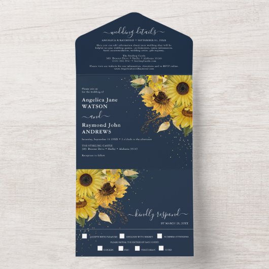 Invitation Tout En Un Élégant Tournesol de Minuit Soleil Marine Mariage (À l'intérieur)