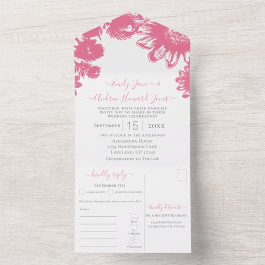 Invitation Tout En Un Elégant Tournesol rose simple Cadre géométrique Or (À l'intérieur)