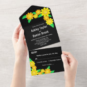 Invitation Tout En Un Élégant tournesol rustique Mariage floral noir (Déchirure)