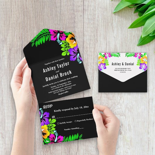 Invitation Tout En Un Élégant Tropical Rustic Boho Black Floral Mariage