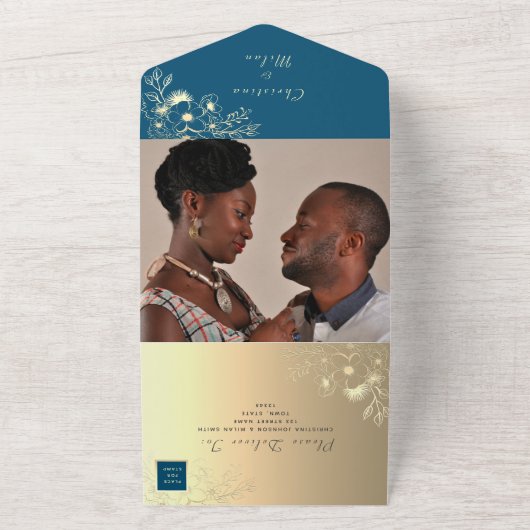 Invitation Tout En Un Élégant Turquoise Gold Floral Photo Mariage (Dehors)