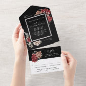 Invitation Tout En Un Élégant Unique Rose Rouge Mariage Botanique Noir (Déchirure)