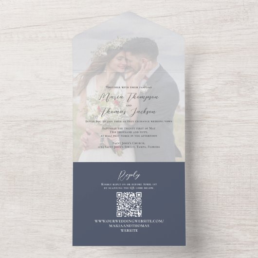 Invitation Tout En Un Élégant Vellum Photo Overlay Ardoise Bleu | Code Q (À l'intérieur)