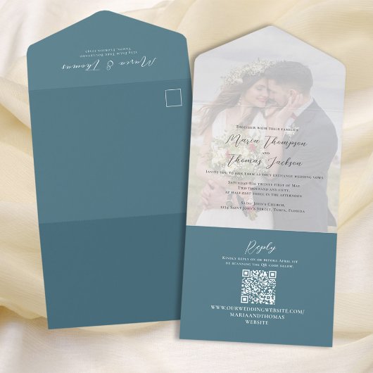 Invitation Tout En Un Élégant Vellum Photo Overlay Bleu | QR Code RSVP