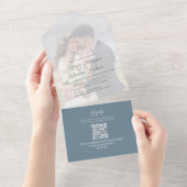 Invitation Tout En Un Élégant Vellum Photo Overlay Dusty Blue | Code QR (Déchirure)