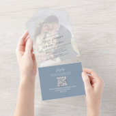 Invitation Tout En Un Élégant Vellum Photo Overlay Dusty Blue | Code QR (Déchirure)