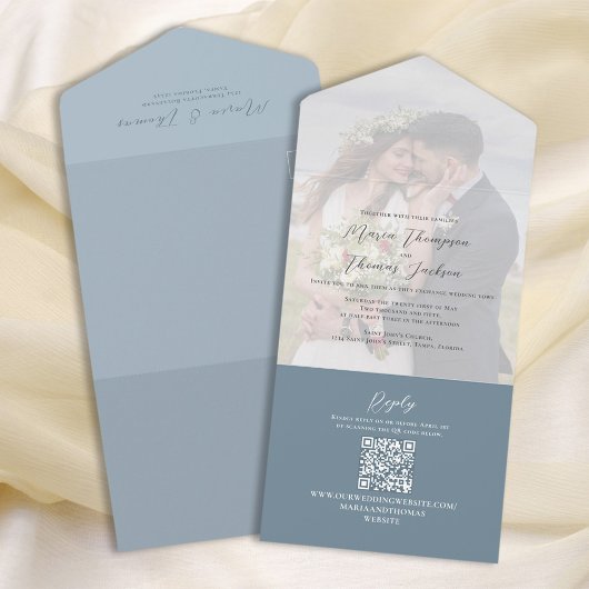 Invitation Tout En Un Élégant Vellum Photo Overlay Dusty Blue | Code QR