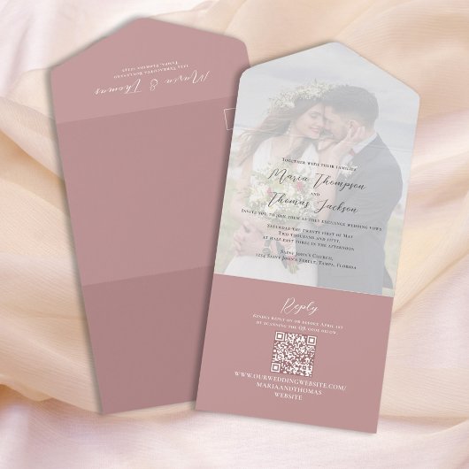 Invitation Tout En Un Élégant Vellum Photo Overlay Dusty Rose | Code QR