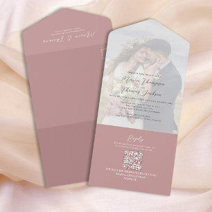 Invitation Tout En Un Élégant Vellum Photo Overlay Dusty Rose Code QR