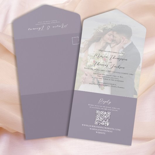 Invitation Tout En Un Élégant Vellum Photo Overlay Lilac | QR Code RSVP