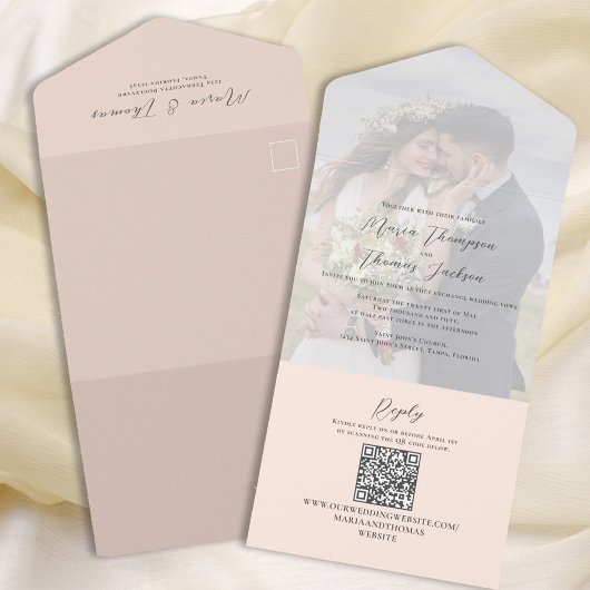 Invitation Tout En Un Élégant Vellum Photo Overlay Peach | Code QR