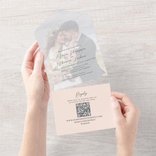 Invitation Tout En Un Élégant Vellum Photo Overlay Peach | Code QR (Déchirure)