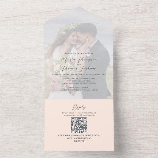 Invitation Tout En Un Élégant Vellum Photo Overlay Peach | Code QR (À l'intérieur)