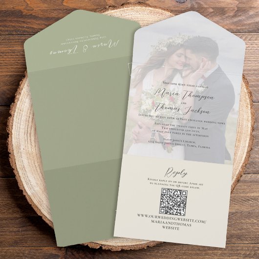 Invitation Tout En Un Élégant Vellum Photo Overlay Sage Green | Code QR