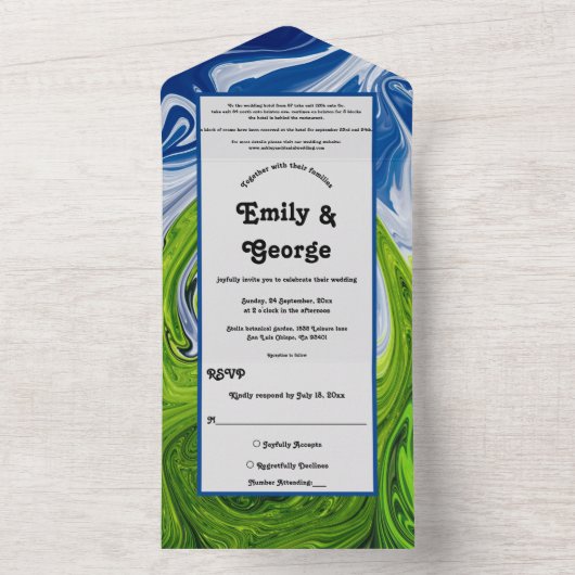 Invitation Tout En Un Elégant Vert bleu ciel paysage Mariage Abstrait (À l'intérieur)