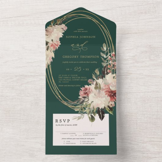 Invitation Tout En Un Élégant vert émeraude | Floral Boho Calligraphique (À l'intérieur)