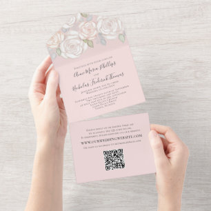 Invitation Tout En Un Elégant vert moderne Aquarelle Floral QR Code