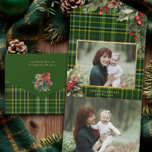 Invitation Tout En Un Élégant vert / Or Plaid Holly Photo de Noël