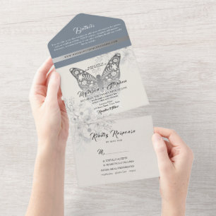 Invitation Tout En Un Élégant Vintage Fleurs Bleu Poussiéreux Mariage