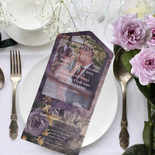 Invitation Tout En Un Élégant Vintage Floral Plum foncé violet photo