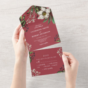 Invitation Tout En Un Élégant Vintage foncé rouge Rose de Noël moderne