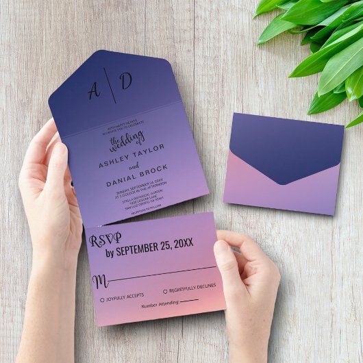 Invitation Tout En Un Élégant violet classe Tout en un mariage Inviter