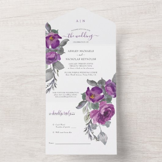 Invitation Tout En Un Élégant violet Mariage d'aquarelle (À l'intérieur)