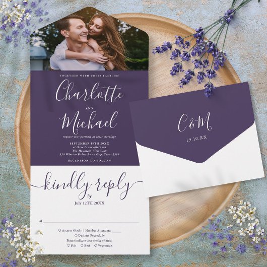 Invitation Tout En Un Élégant violet moderne Script Mariage photo