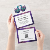 Invitation Tout En Un Elégant violet or Peacock Photo Eco QR Mariage (Déchirure)