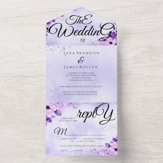 Invitation Tout En Un Élégant violet romantique calligraphie Le Mariage (À l'intérieur)