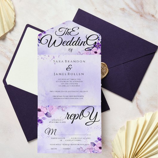 Invitation Tout En Un Élégant violet romantique calligraphie Le Mariage