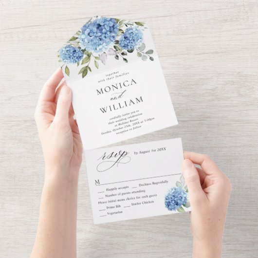 Invitation Tout En Un Elégante aquarelle bleu Hydrangea Mariage floral (Déchirure)