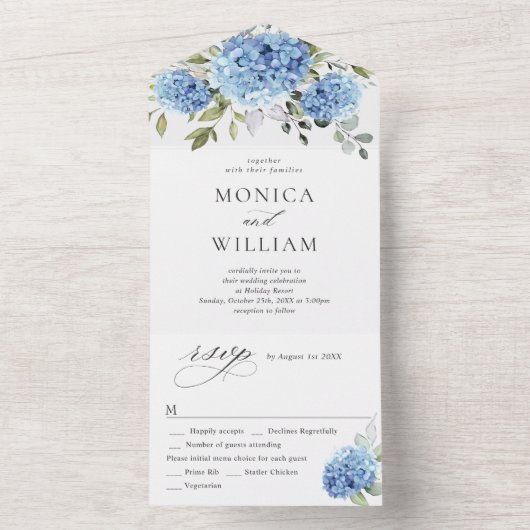 Invitation Tout En Un Elégante aquarelle bleu Hydrangea Mariage floral (À l'intérieur)
