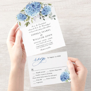 Invitation Tout En Un Elégante aquarelle bleu Hydrangea Mariage floral
