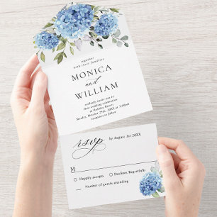 Invitation Tout En Un Elégante aquarelle bleu Hydrangea Mariage floral