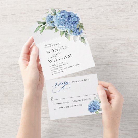 Invitation Tout En Un Elégante aquarelle bleu Hydrangea Mariage floral (Déchirure)