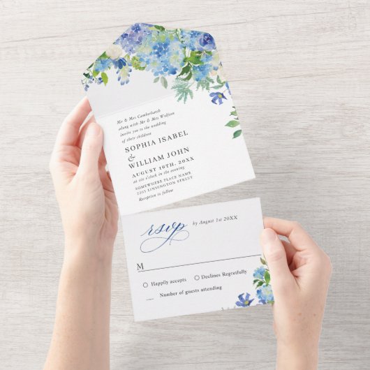Invitation Tout En Un Elégante aquarelle bleu Hydrangea Mariage floral (Déchirure)