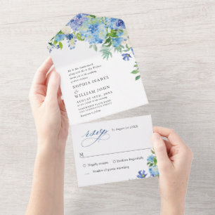 Invitation Tout En Un Elégante aquarelle bleu Hydrangea Mariage floral