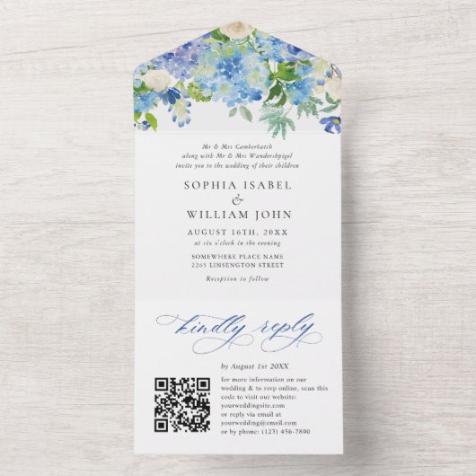 Invitation Tout En Un Elégante aquarelle bleu Hydrangea Mariage floral (À l'intérieur)