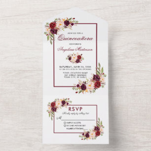 Invitation Tout En Un Elégante aquarelle Bourgogne Florale Quinceanera