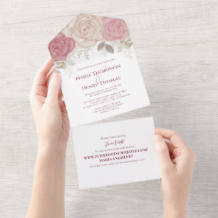 Invitation Tout En Un Elégante Aquarelle Bourgogne Florale Rose Or