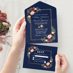 Invitation Tout En Un Elégante aquarelle Burgundy Blue Floral Mariage