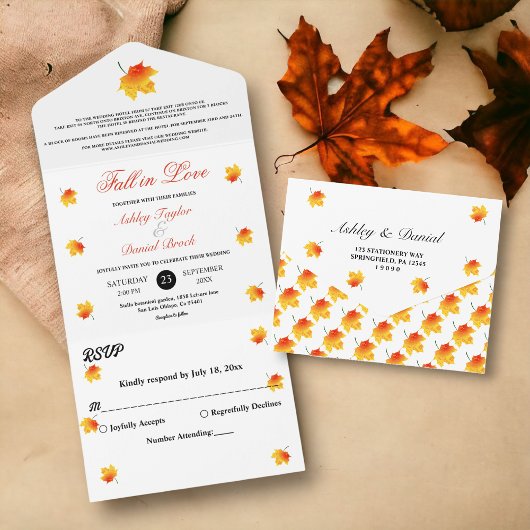 Invitation Tout En Un Elégante aquarelle chute Feuilles Boho Mariage Flo