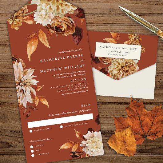 Invitation Tout En Un Elégante aquarelle d'automne Flora Mariage en terr